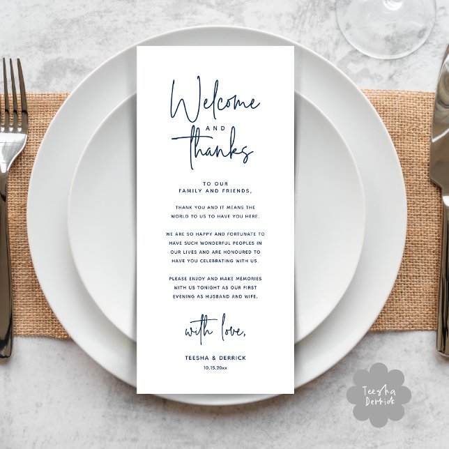 Willkommen und Danke, Platzierung Einstellungen Da Programm (Welcome and Thanks, Modern Wedding Dinner Brunch Lunch Place Setting Thank You Card in Navy Blue)