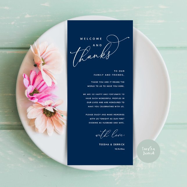Willkommen und Danke, Platzierung Einstellungen Da Programm (Welcome and Thanks, Modern Wedding Dinner Brunch Lunch Place Setting Thank You Card in Navy Blue)