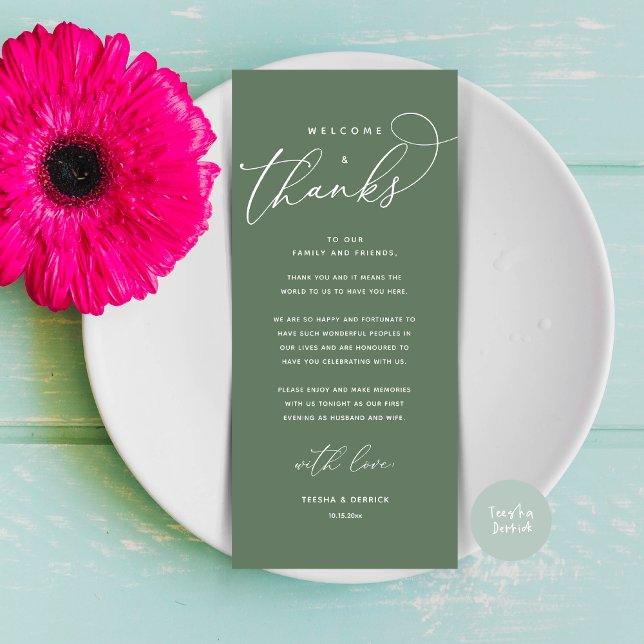 Willkommen und Danke, Platzierung Einstellungen Da Programm (Welcome and Thanks, Modern Wedding Dinner Brunch Lunch Place Setting Thank You Card in Sage Green)