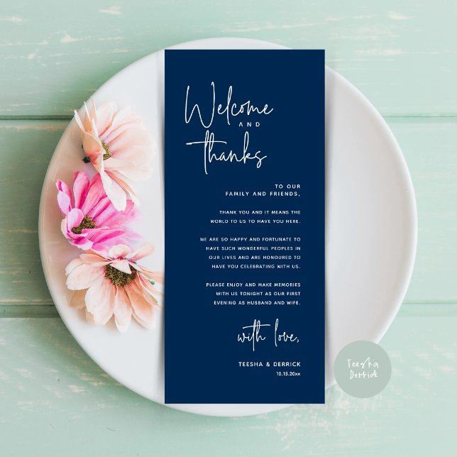 Willkommen und Danke, Platzierung Einstellungen Da Programm (Welcome and Thanks, Modern Wedding Dinner Brunch Lunch Place Setting Thank You Card in Navy Blue)