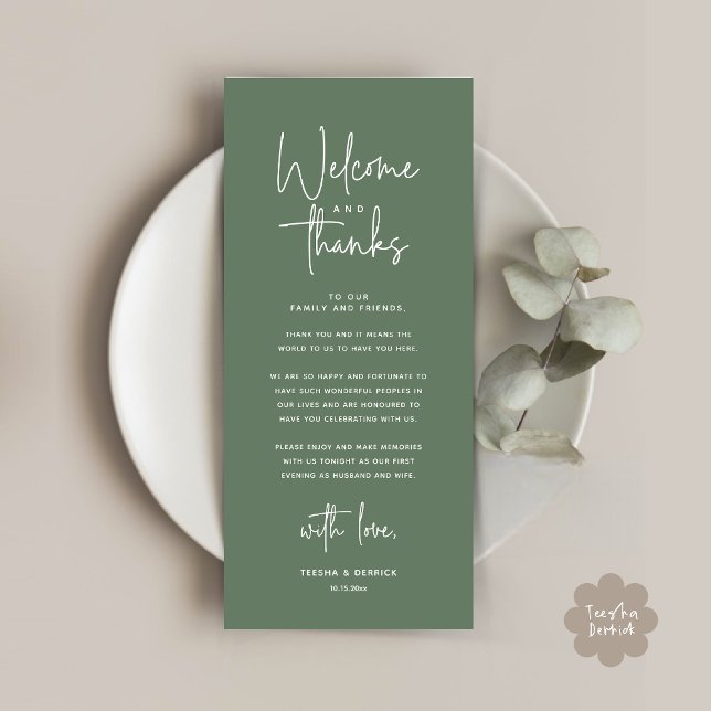 Willkommen und Danke, Platzierung Einstellungen Da Programm (Welcome and Thanks, Modern Wedding Dinner Brunch Lunch Place Setting Thank You Card in Sage Green)