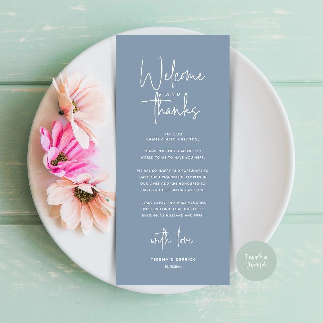 Willkommen und Danke, Platzierung Einstellungen Da Programm (Welcome and Thanks, Modern Wedding Dinner Brunch Lunch Place Setting Thank You Card in Dusty Blue)