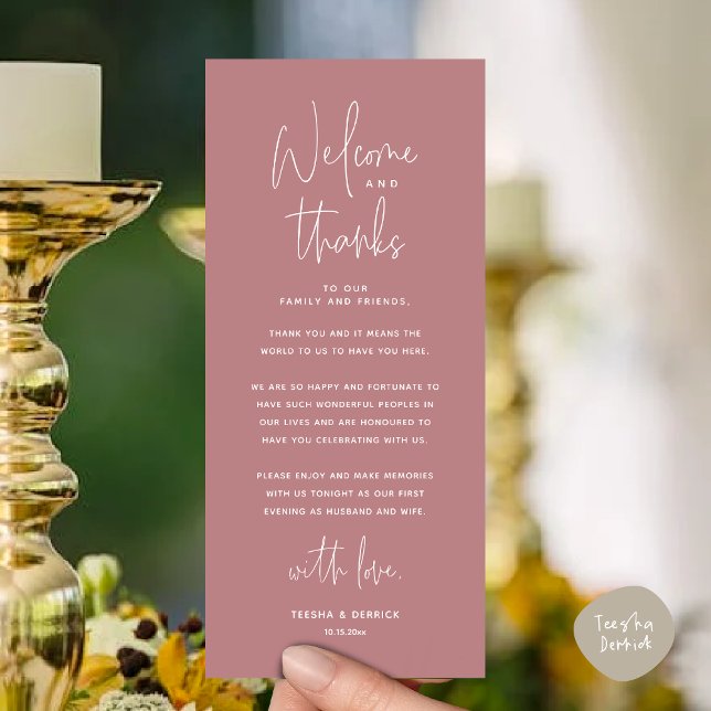 Willkommen und Danke, Platzierung Einstellungen Da Programm (Welcome and Thanks, Modern Wedding Dinner Place Setting Thank You Card, Plate Decor, Dusty Rose Pink)