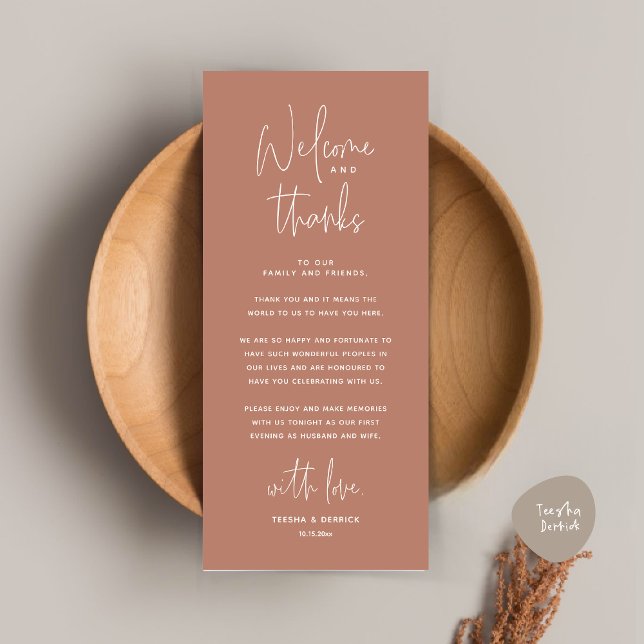 Willkommen und Danke, Platzierung Einstellungen Da Programm (Welcome and Thanks, Place Setting Thank You Dinner Party Card in Terracotta Earthy Brown)