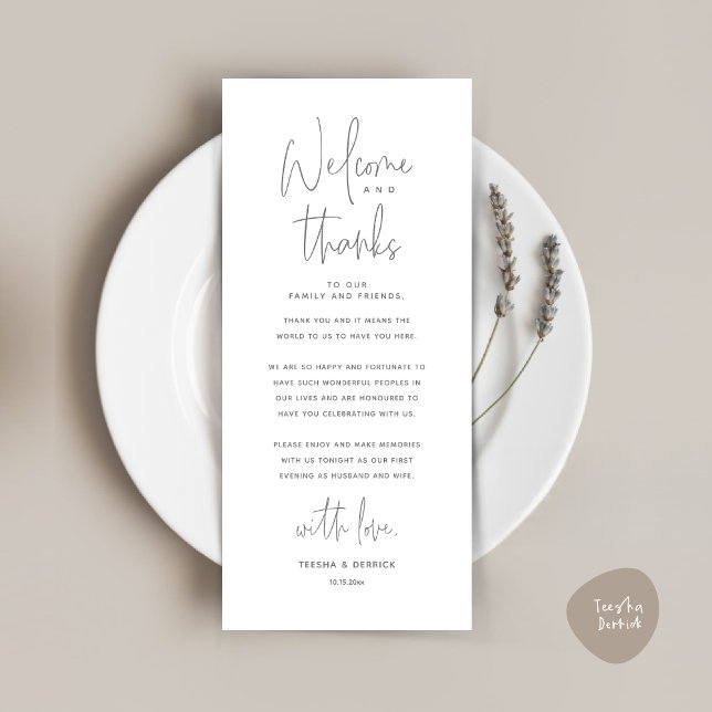 Willkommen und Danke, Platzierung Einstellungen Da Programm (Welcome and Thanks, Wedding Dinner Place Setting Thank You Card, in Classy Dark Grey)