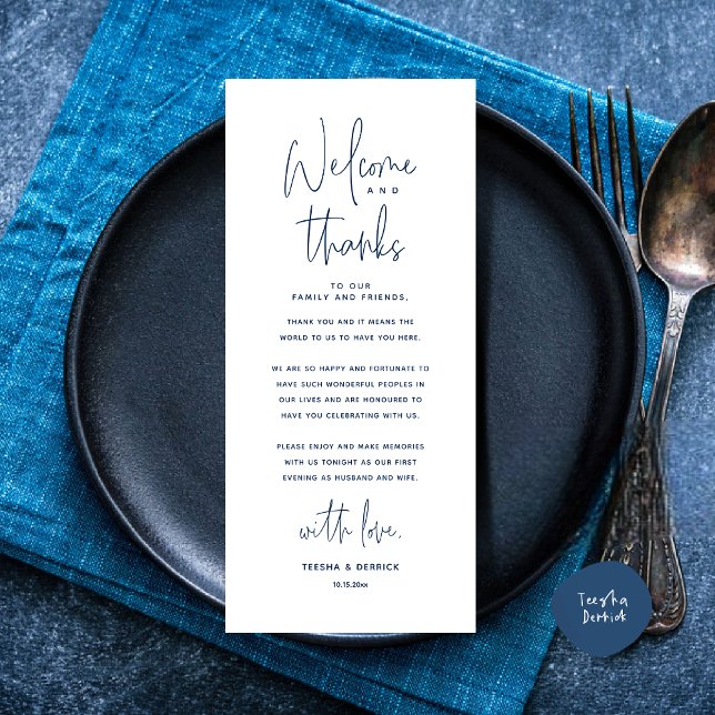 Willkommen und Danke, Platzierung Einstellungen Da Programm (Welcome and Thanks, Wedding Dinner Place Setting Thank You Card, in Classy Navy Blue)