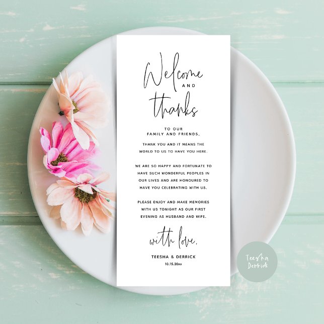 Willkommen und Danke, Platzierung Einstellungen Da Programm (Welcome and Thanks, Wedding Dinner Place Setting Thank You Card in Modern Classy White Black)