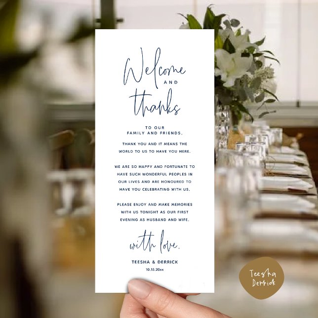 Willkommen und Danke, Platzierung Einstellungen Da Programm (Welcome and Thanks, Wedding Dinner Place Setting Thank You Card in Modern Classy Navy Blue)