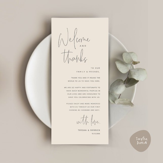 Willkommen und Danke, Platzierung Einstellungen Da Programm (Welcome and Thanks, Wedding Dinner Place Setting Thank You Card in Dark Grey Cream)