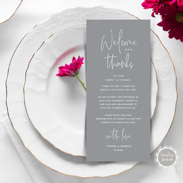 Willkommen und Danke, Platzierung Einstellungen Da Programm (Welcome and Thanks, Wedding Dinner Place Setting Thank You Card in Dark Grey)
