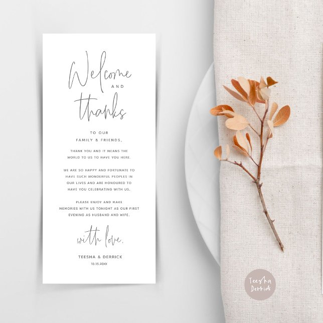 Willkommen und Danke, Platzierung Einstellungen Da Programm (Welcome and Thanks, Wedding Dinner Place Setting Thank You Card in Dark Grey)