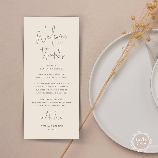 Willkommen und Danke, Platzierung Einstellungen Da Programm (Welcome and Thanks, Wedding Dinner Place Setting Thank You Card in Dark Grey Cream)