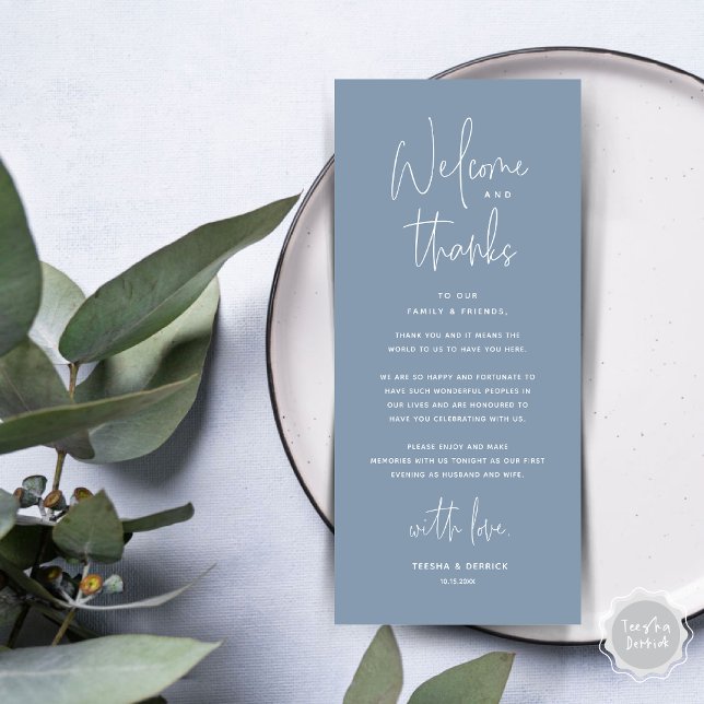 Willkommen und Danke, Platzierung Einstellungen Da Programm (Welcome and Thanks, Wedding Dinner Place Setting Thank You Card in Dusty Blue)