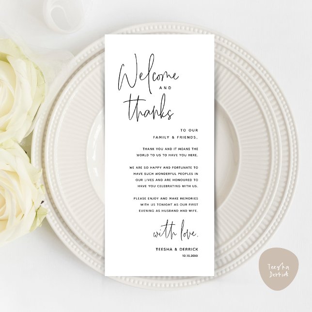 Willkommen und Danke, Platzierung Einstellungen Da Programm (Welcome and Thanks, Wedding Dinner Place Setting Thank You Card in Black and White)