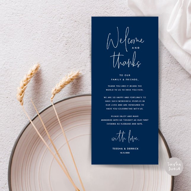 Willkommen und Danke, Platzierung Einstellungen Da Programm (Welcome and Thanks, Wedding Dinner Place Setting Thank You Card in Classy Navy Blue)