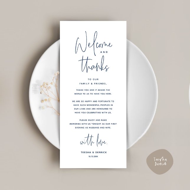 Willkommen und Danke, Platzierung Einstellungen Da Programm (Welcome and Thanks, Wedding Dinner Place Setting Thank You Card in Classy Navy Blue)