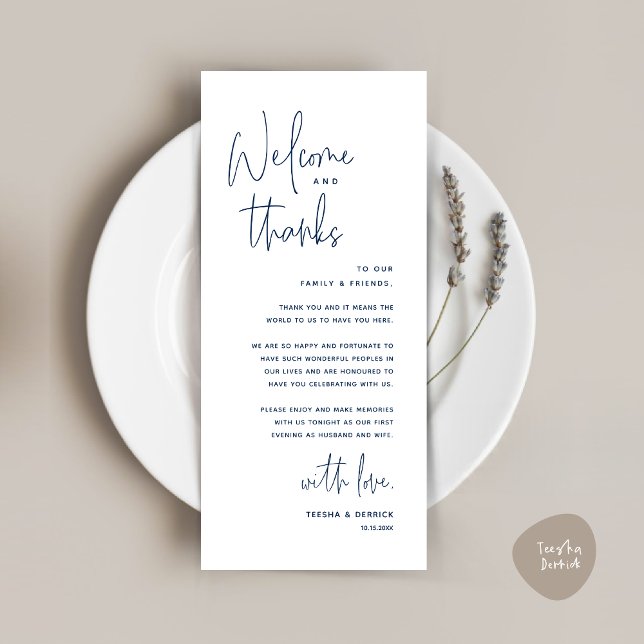 Willkommen und Danke, Platzierung Einstellungen Da Programm (Welcome and Thanks, Wedding Dinner Place Setting Thank You Card in Classy Navy Blue)