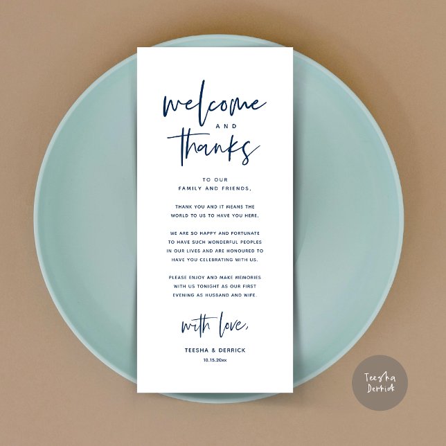 Willkommen und Danke, Platzierung Einstellungen Da Programm (Welcome and Thanks, Modern Wedding Dinner Brunch Party Place Setting Thank You Card Navy Blue)