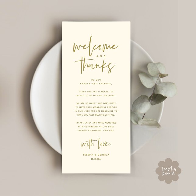 Willkommen und Danke, Platzierung Einstellungen Da Programm (Welcome and Thanks, Modern Wedding Dinner Brunch Party Place Setting Thank You Card Yellow Gold)