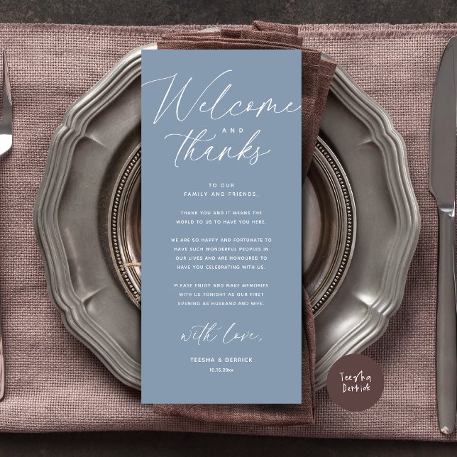 Willkommen und Danke, Platzierung Einstellungen Da Programm (Welcome and Thanks, Wedding Dinner Place Setting Thank You Card Modern Romantic Dusty Blue)