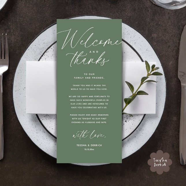 Willkommen und Danke, Platzierung Einstellungen Da Programm (Welcome and Thanks, Wedding Dinner Place Setting Thank You Card Modern Romantic Sage Green Greenery)