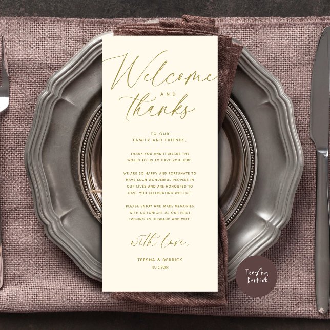 Willkommen und Danke, Platzierung Einstellungen Da Programm (Welcome and Thanks, Wedding Dinner Place Setting Thank You Card Modern Romantic Yellow Gold)