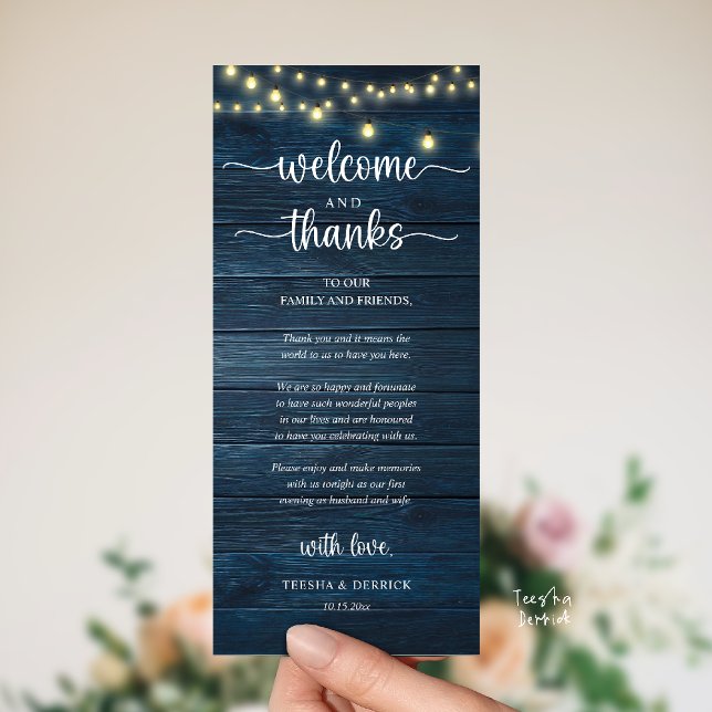 "Willkommen und Danke" Rustikale Empfangs-Gästekar Programm ("Welcome and Thanks" Rustic Reception dinner Guest thank you Card in string lights navy blue wood)