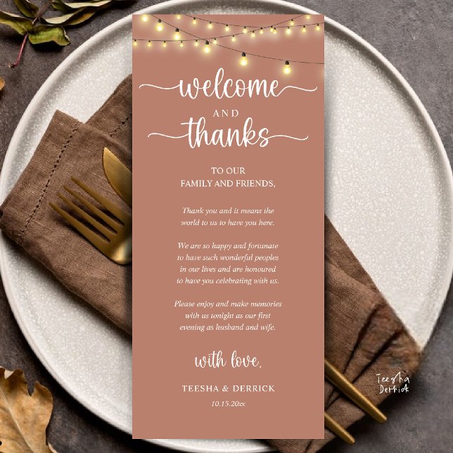 "Willkommen und Danke" Rustikale Empfangs-Gästekar Programm ("Welcome and Thanks" Rustic Reception dinner Guest thank you Card in string lights terracotta earthy)