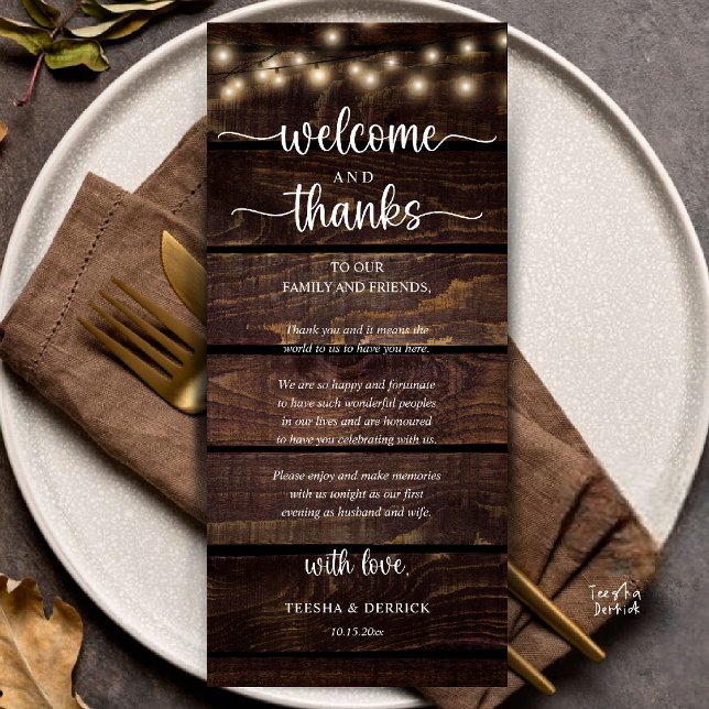"Willkommen und Danke" Rustikale Empfangs-Gästekar Programm ("Welcome and Thanks" Rustic Reception dinner Guest thank you Card in string lights brown wood)