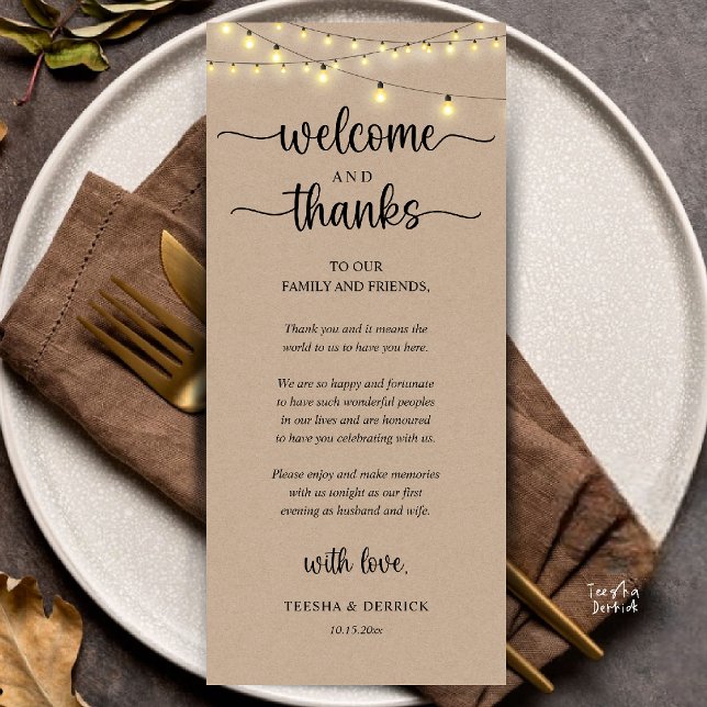 "Willkommen und Danke" Rustikale Empfangskarte für Programm ("Welcome and Thanks" Rustic Reception dinner Guest thank you Card in string lights brown kraft)