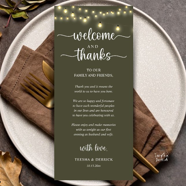 "Willkommen und Danke" Rustikale Empfangskarte für Programm ("Welcome and Thanks" Rustic Reception dinner Guest thank you Card in string lights olive green)