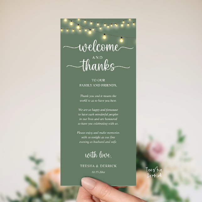 "Willkommen und Danke" Rustikale Empfangskarte für Programm ("Welcome and Thanks" Rustic Reception dinner Guest thank you Card in string lights sage green)