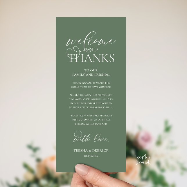 "Willkommen und Danke" Stilvolle Empfangskarte für Programm ("Welcome and Thanks" Classy Wedding Romantic Reception Guest Card in sage green)