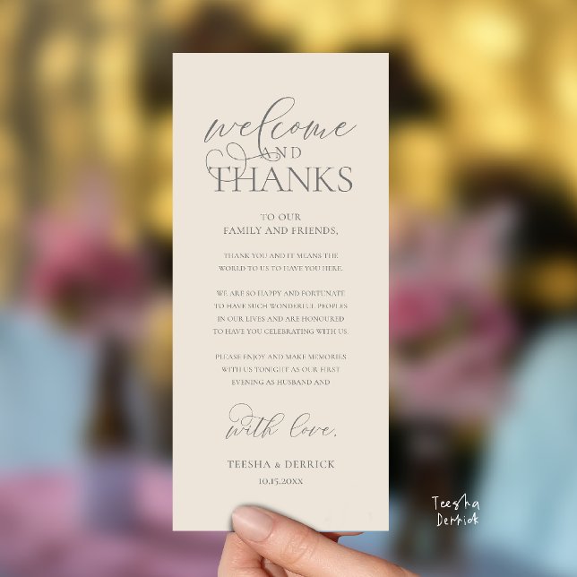 "Willkommen und Danke" Stilvolle Empfangskarte für Programm ("Welcome and Thanks" Classy Wedding Romantic Reception Guest Card in cream grey)