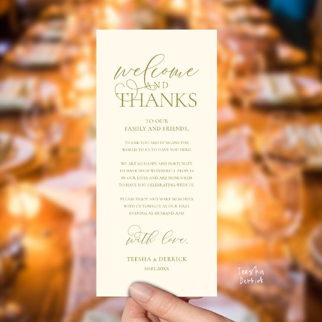 "Willkommen und Danke" Stilvolle Empfangskarte für Programm ("Welcome and Thanks" Classy Wedding Romantic Reception Guest Card in yellow gold)