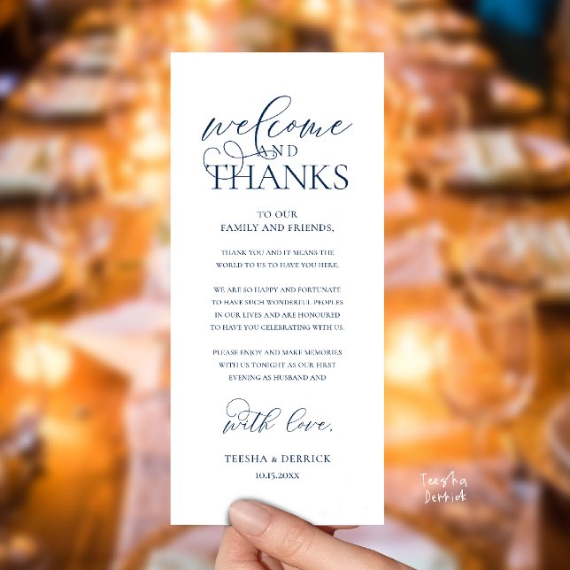 "Willkommen und Danke" stilvolle Empfangskarte für Programm ("Welcome and Thanks" Classy Wedding Romantic Reception Guest Card in navy blue)