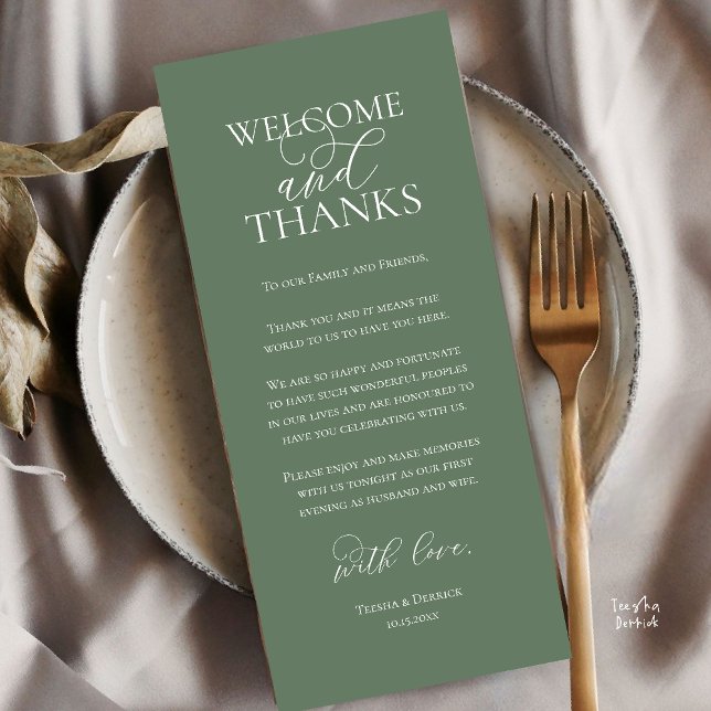 Willkommen und Dankeschön Hochzeitsdinner Dankeska Programm (Welcome and Thanks Wedding Reception Dinner Thank You Card in Sage Green)