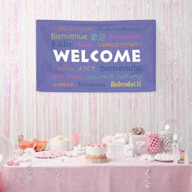 Willkommen Viele Sprachen Typografie Periwinkle Bl Banner (Party)