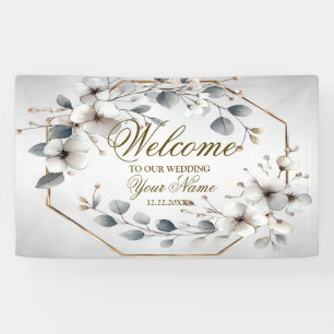 Willkommen Wasserfarbe Weiße Blume Goldenes Silber Banner