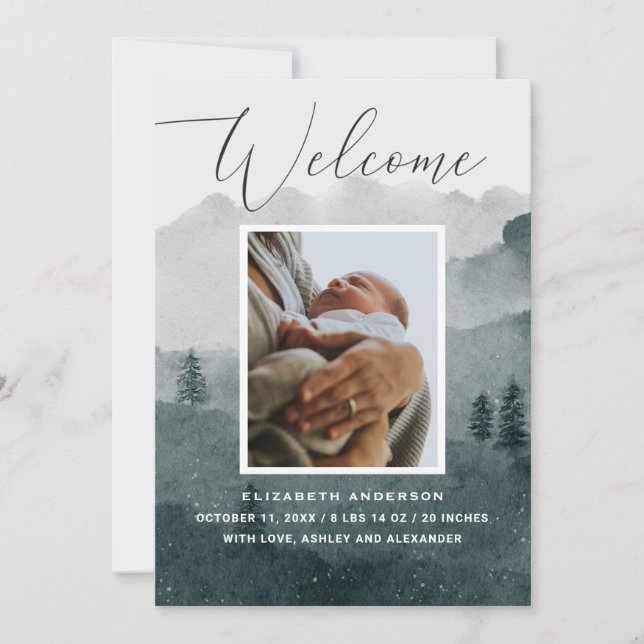 Willkommen. Watercolor-Wald-Wintergeburt Ankündigung (Vorderseite)