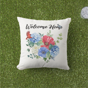 Willkommen zu Hause mit roten/weißen/blauen Blumen Kissen