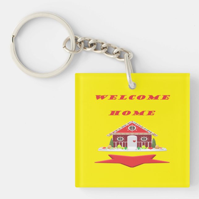 WILLKOMMEN ZUHAUSE DESIGN HELL ROT UND GLÜCKLICH SCHLÜSSELANHÄNGER (Vorderseite)