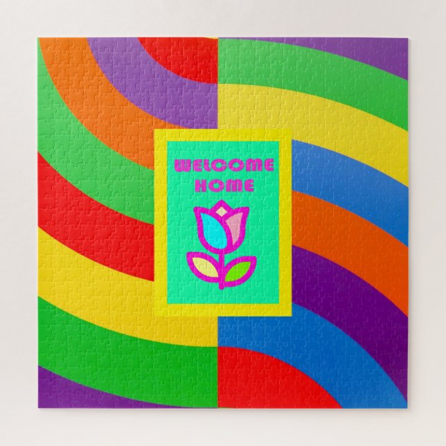 WILLKOMMEN ZUHAUSE MIT STREIFEN UND BLUME PATTER PUZZLE (Vertikal)