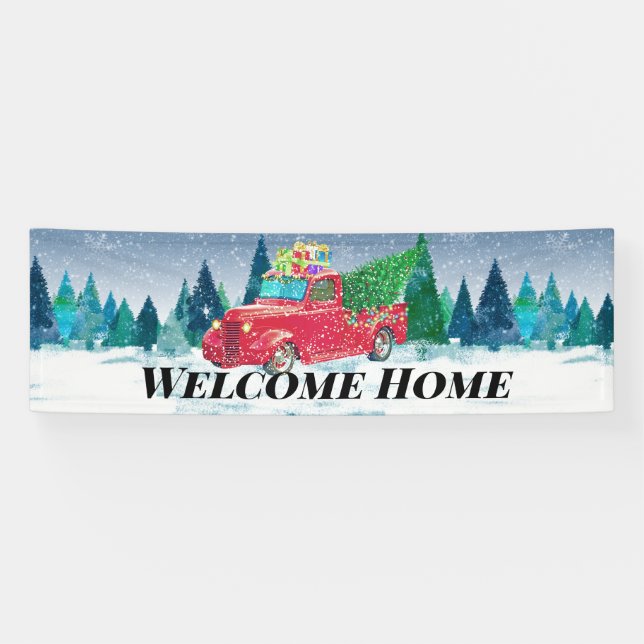 Willkommen Zuhause Red Truck Weihnachtsbaum im Sch Banner (Horizontal)