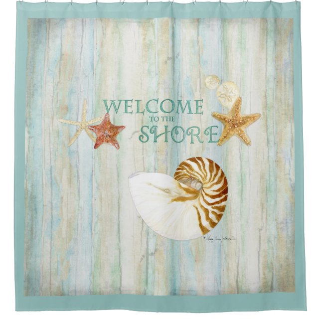 Willkommen zur Ufer-Strand-Haus-Gast-Bad-Kunst Duschvorhang (Vorderseite)