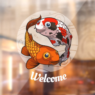 Willkommen Zwei freundlicher Koi Carp Fish Cartoon Fensteraufkleber