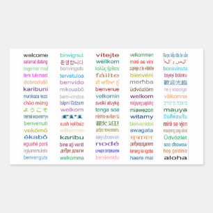 Willkommene Aufkleber: 80 Sprachen/Weiß Rechteckiger Aufkleber