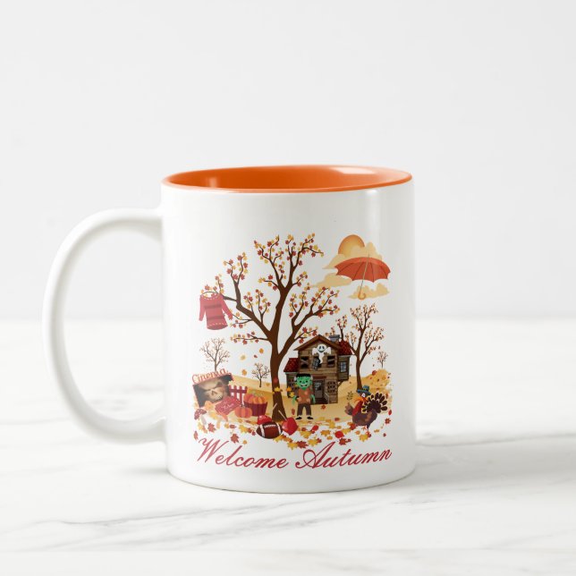 Willkommene Herbst-Fall-Landschaft Zweifarbige Tasse (Links)