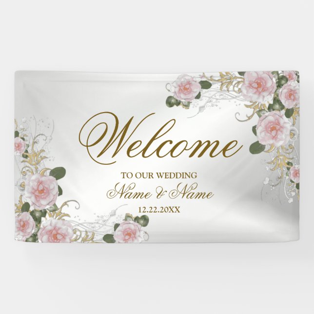 Willkommene Hochzeitsparty Rosa Blütensilber Elega Banner (Horizontal)