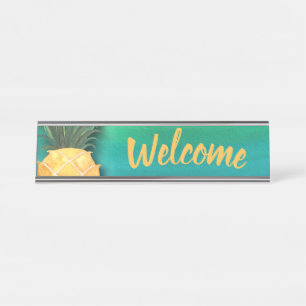 Willkommenes Ananas-Aquarell-stilvolles Büro Schreibtischnamensplakette